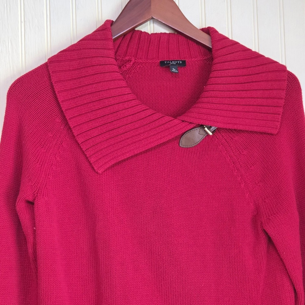 Talbots Sweater Womens Petite Small Red Collared Raglan Cotton Knit Pullover